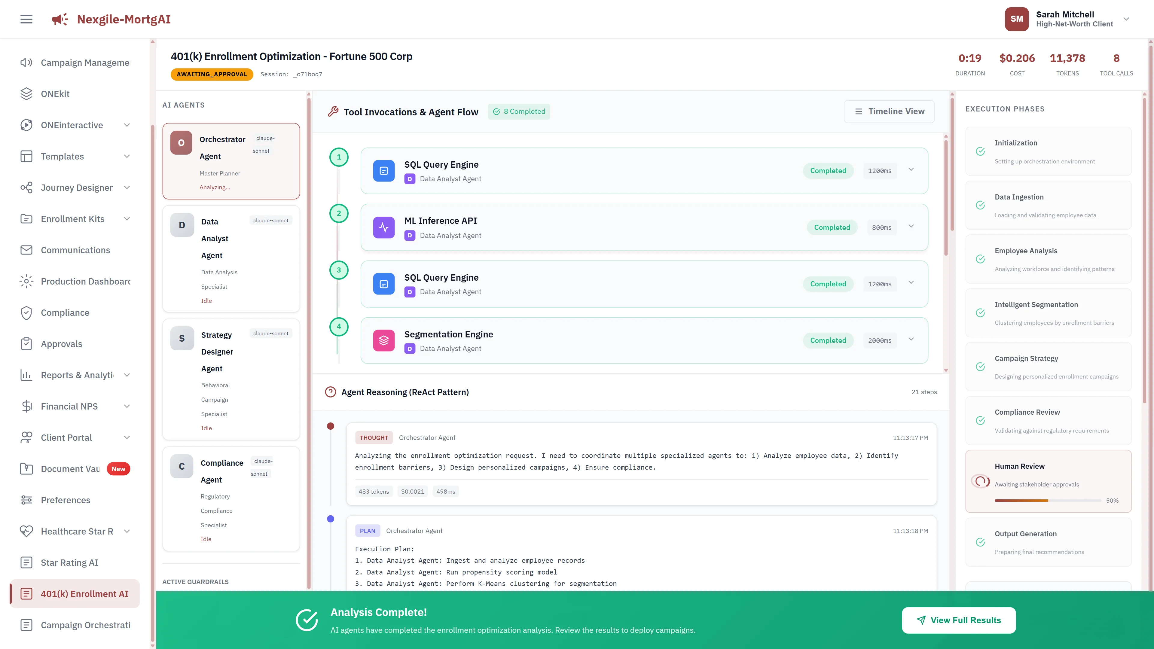 Agent Orchestration showing AI agents executing analysis with ReAct reasoning pattern.